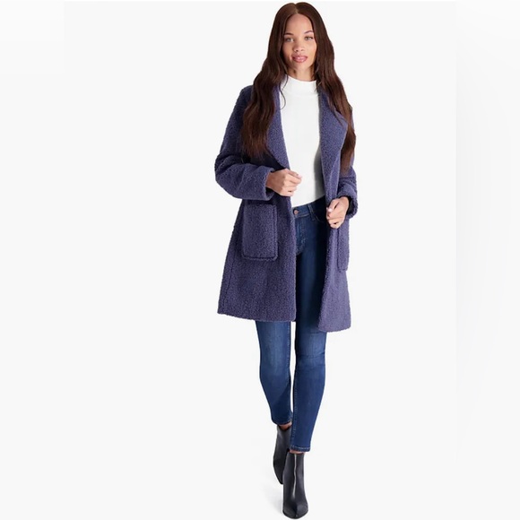 FRENCH CONNECTION Faux Shearling Teddy Coat S 21” p2p Denim Blue $200 Retail NWT - Picture 3 of 13